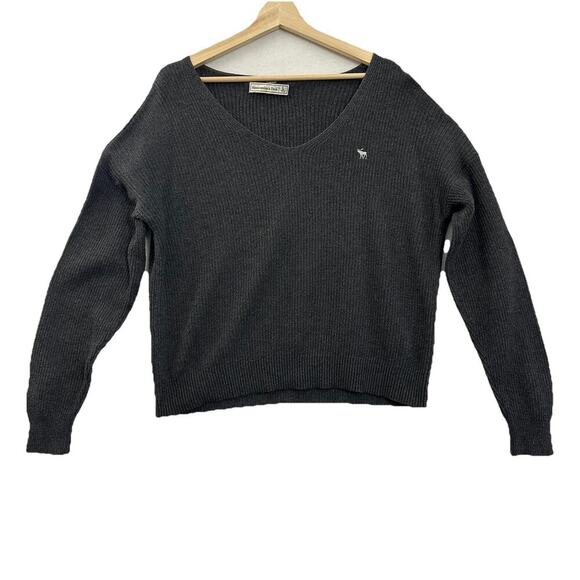 Abercrombie & Fitch Sweater Women L Gray Ribbed Knit Moose Logo Cropped Boxy - Picture 1 of 9